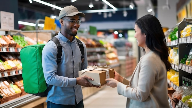 Photo friendly food courier with isothermal backpack giving package from grocery store to customer