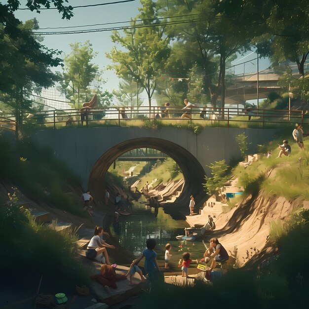 Friendly Gathering at a Rustic Bridge