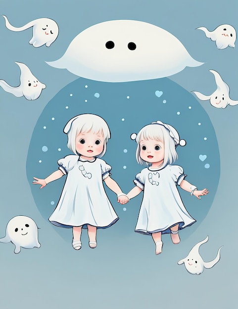 Friendly ghosts holding hands and floating