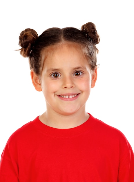 Friendly girl with two buns and red shirt 