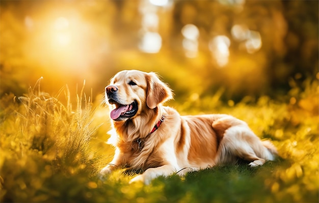 friendly golden retriever dog on meadow sunny landscape