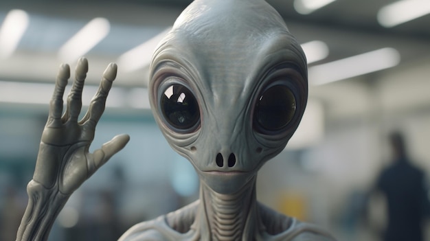 a friendly grey alien wavingGenerative AI