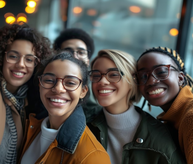 Photo a friendly group of young individuals embracing each other in an urban setting radiating happiness