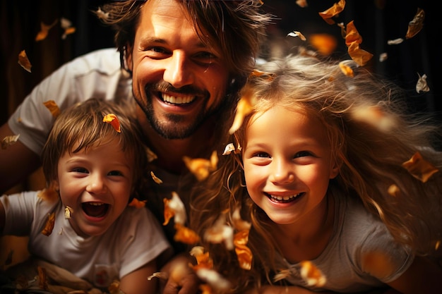 사진 우호적인 행복한 가족 아버지 어머니 아이들이 즐겁게 웃고