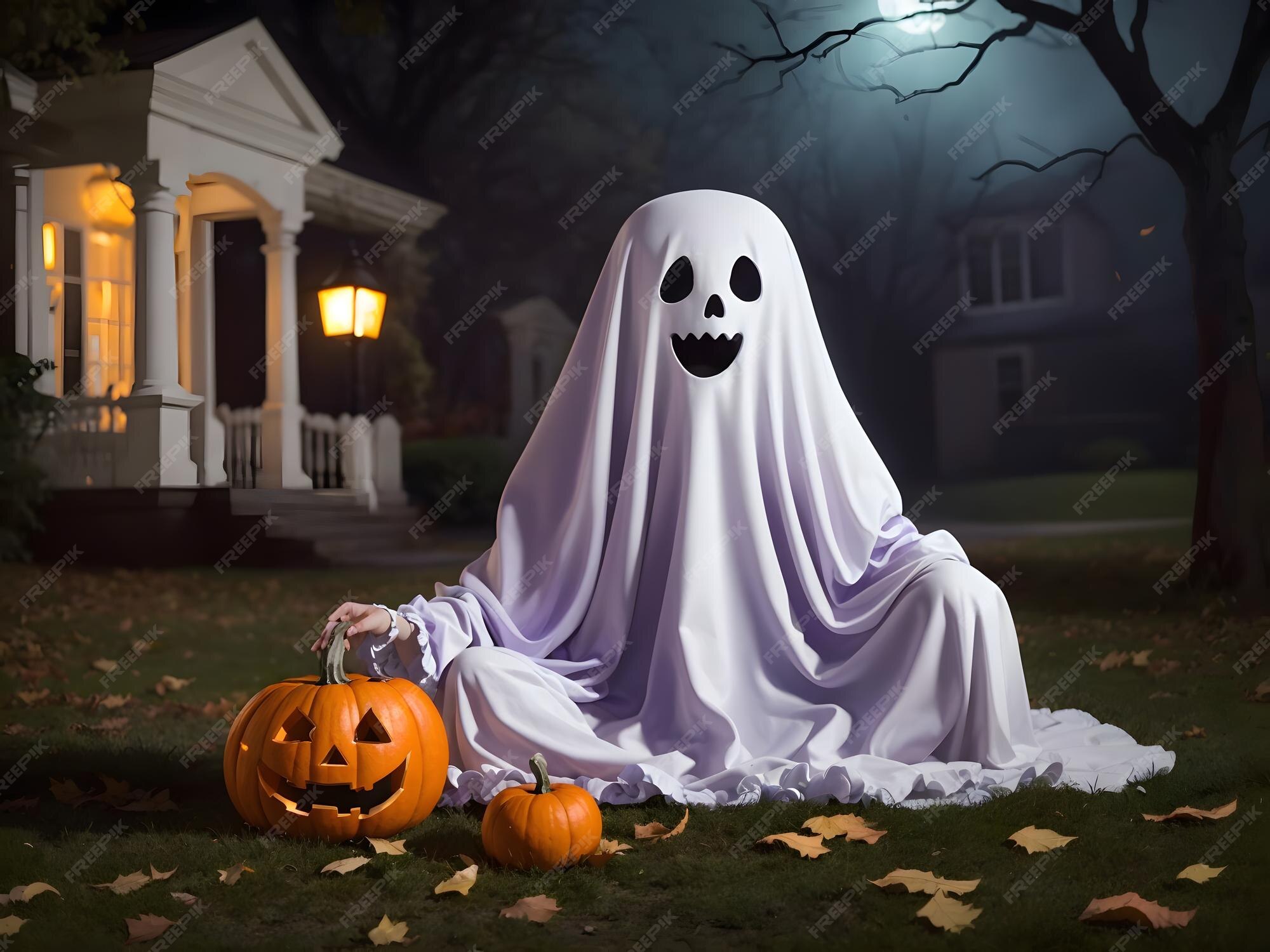 Premium AI Image Friendly and happy ghost Jasper celebrating Halloween