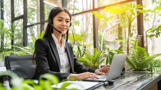 Photo friendly indian call center agent wearing headset providing exceptional customer support