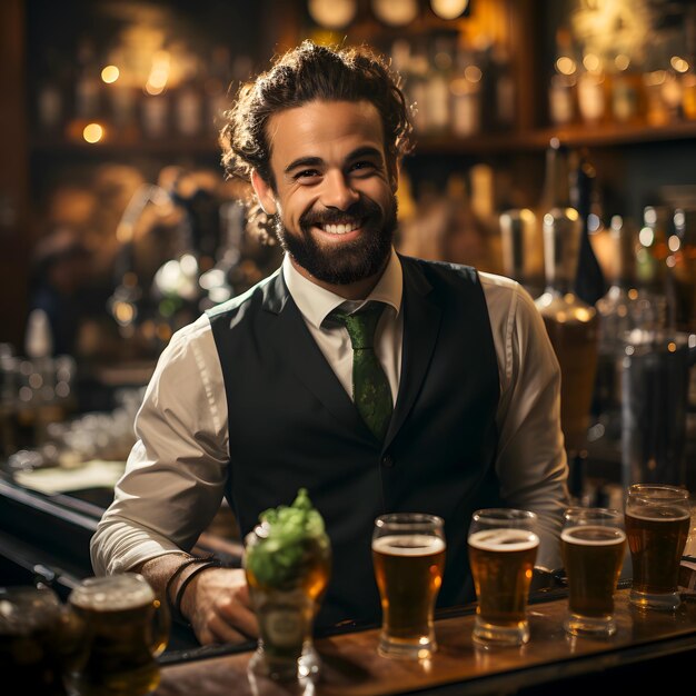 Friendly Irish Bartender Serving Drinks on St Patrick39s Day