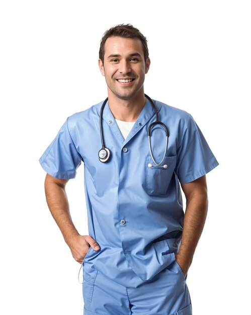 Friendly Male Nurse with Crossed Arms in Sky Blue Scrubs