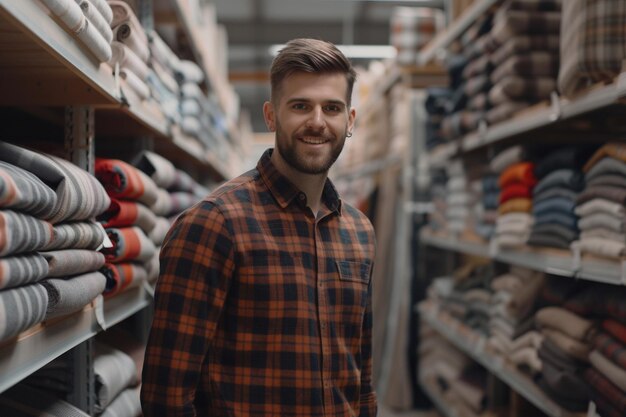 Friendly Male Shop Owner in Fabric Store with AI generated