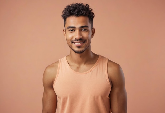 A friendly man in a peach tank top gives a cheerful smile his curly hair styled neatly