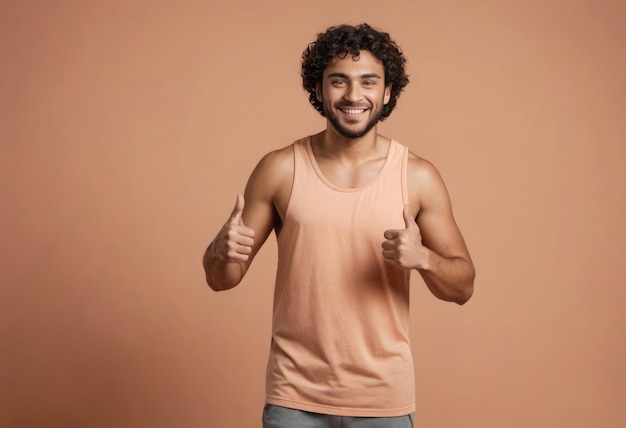 A friendly man in a peach tank top gives two thumbs up with a welcoming smile