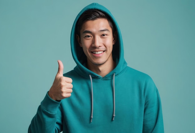 A friendly man in a teal hoodie giving a thumbs up signaling good vibes and approval