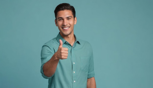 A friendly man with a neat haircut and a turquoise shirt gives a thumbs up looking approachable and