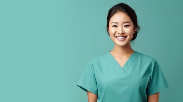 Friendly medical doctor or nurse in green uniform scrubs on copyspace background