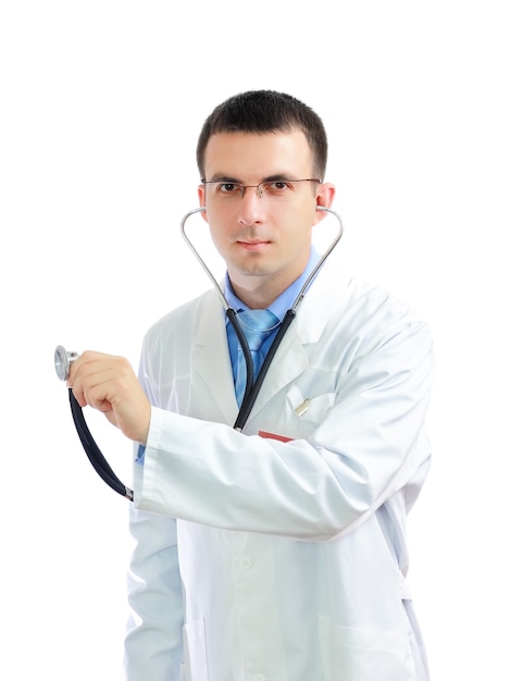 Friendly medical doctor stethoscope's listen. Isolated over white