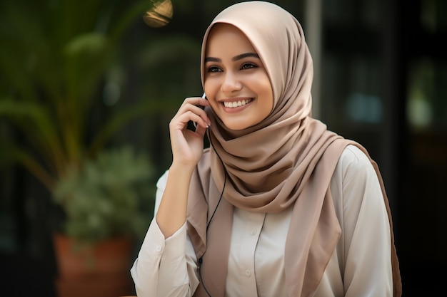 Friendly Muslim Woman Smiling and Making a Call Generative Ai