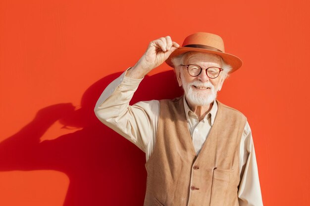 Photo a friendly old man in a beige vest stands against a sunny backdrop tipping his hat with a cheerful grin generative ai