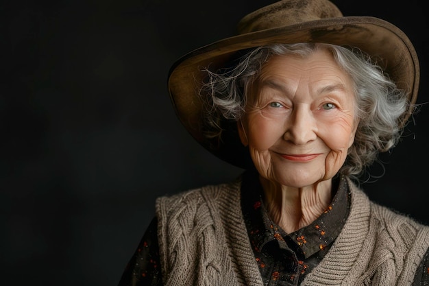 Photo a friendly old woman in a beige vest stands against a sunny backdrop tipping his hat with a cheerful grin generative ai