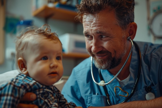 Friendly pediatrician using stethoscope to examine breathing and heartbeat of baby patient