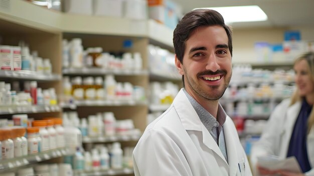 Photo friendly pharmacist at local drugstore smiles professionally healthcare and medical assistance white coat and pharmacy shelves welcoming and trustworthy ai
