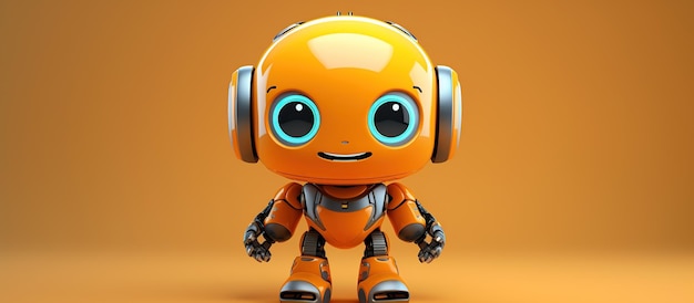 Photo friendly positive cute cartoon orange robot with smiling face waving its hand