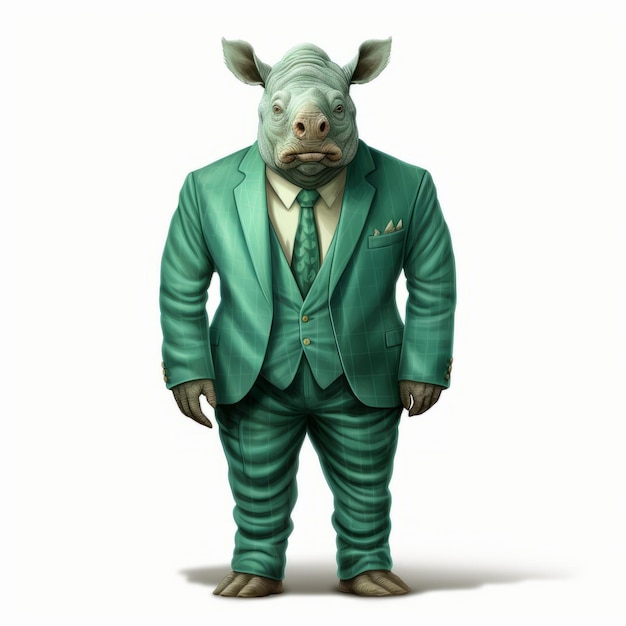 Photo friendly rhino in a green suit photorealistic surrealism meets corporate punk
