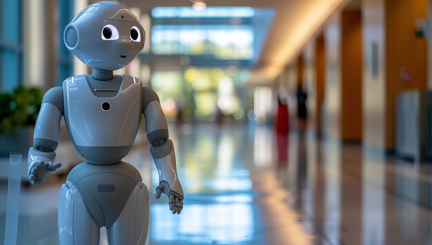 Friendly robot standing in airport hall