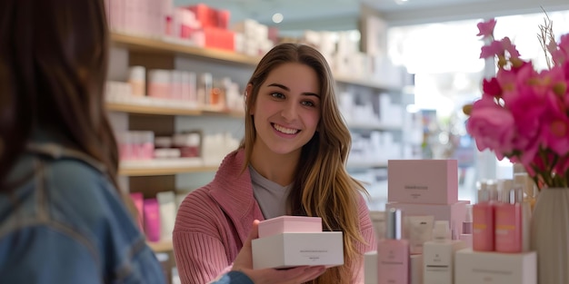 Photo friendly saleswoman presenting a product in a boutique customer service and retail concept in a bright store smiling woman at work ai