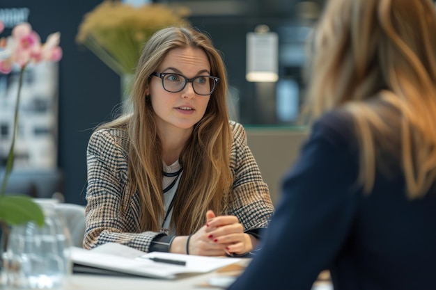 Friendly saleswoman sitting at the table talking to a customer in an advisory capacity German