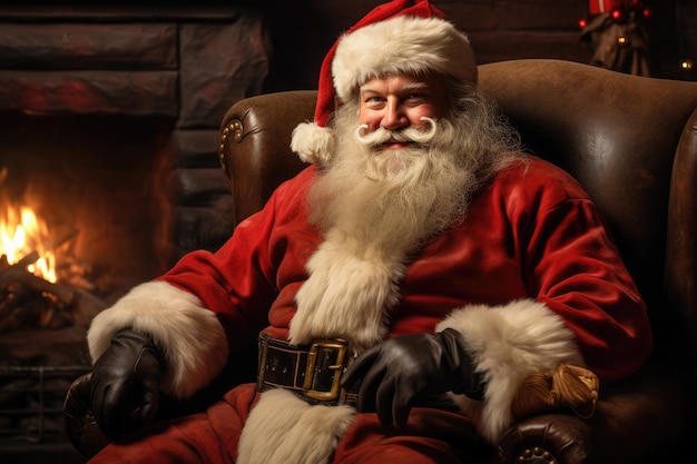 Friendly Santa Claus sitting next to a fireplace and smiling while looking at the camera