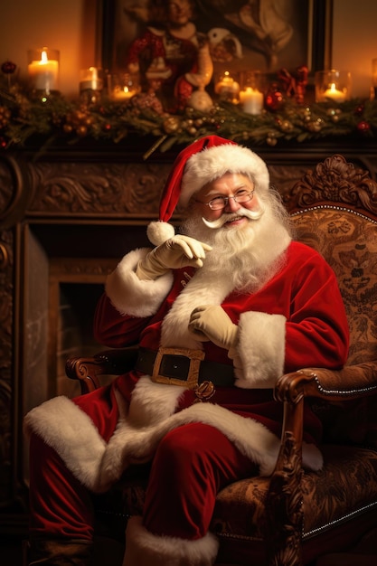 Friendly Santa Claus sitting next to a fireplace and smiling while looking at the camera