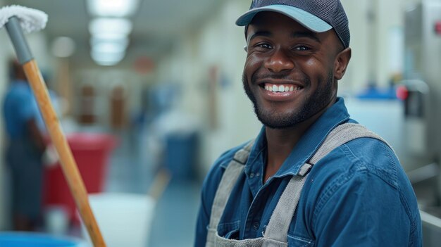 Friendly School Janitor with Cleaning Equipment in Hallway