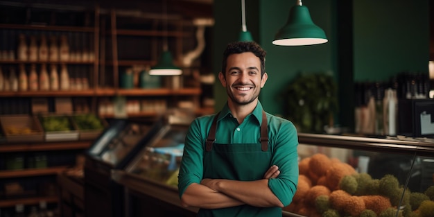 Friendly Supermarket Employee in Panoramic Gourmet Store Scene