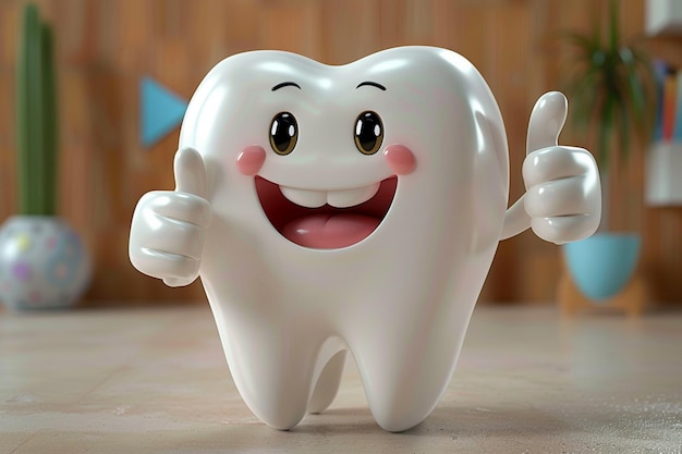 Photo friendly tooth character shows approval with thumbs up 3d