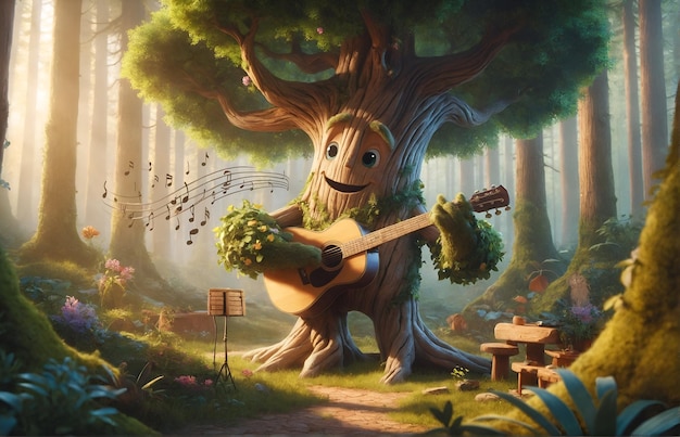 a friendly tree character playing the guitar