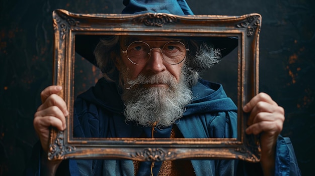 Photo friendly wizard holding empty frame mockup