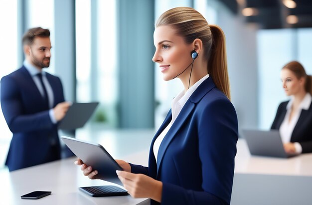 Foto una donna amichevole con le cuffie e un abito da lavoro nell'ufficio del call center per il servizio clienti