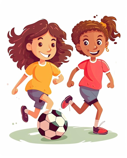 Foto donne amichevoli che giocano a calcio e indossano una maglia da calcio per bambini in stile cartone animato ai generato