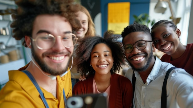 Friendly young biracial workers colleagues have fun at workplace shoot cute silly self picture on ph