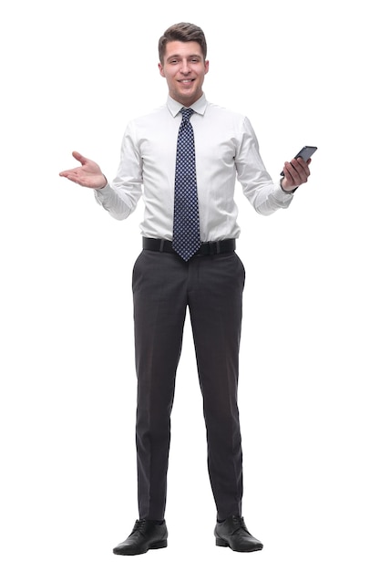 Photo friendly young businessman with smartphone isolated on white