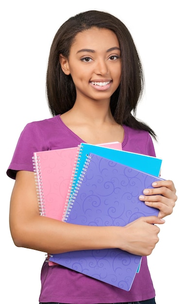 Friendly Young Girl Holding Note Pads - Isolated