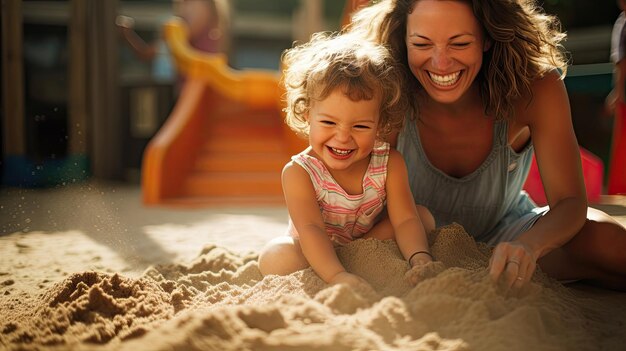 砂箱の中で娘と遊んでいる子供の遊び場の友好的な若い母親