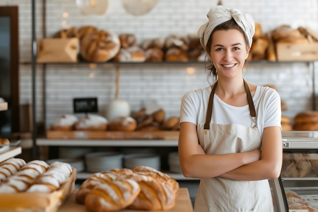 Дружная молодая продавщица с улыбкой предлагает свежий хлеб в уютной современной пекарне с деревянными вставками концепция рекламы и маркетинга пекарни