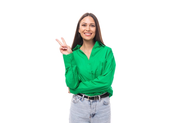 Friendly young year old european brunette woman model with long hair and brown eyes on white