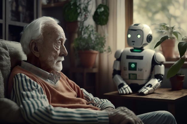 Photo friendlylooking robots assist the elderly in looking and feeling good in the future technology is used to see the elderly generative ai