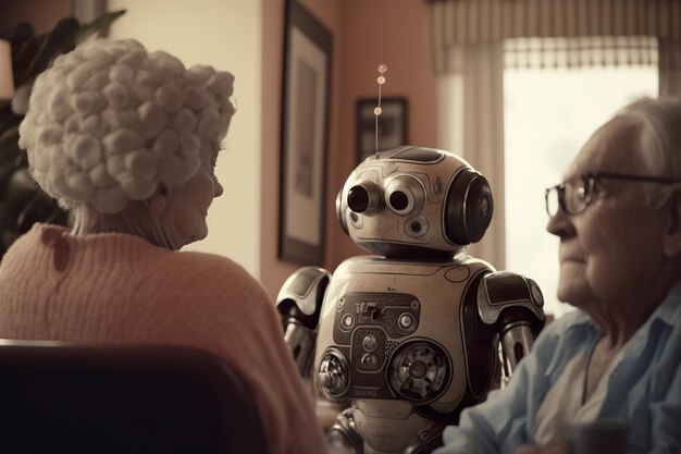 친근해 보이는 로봇이 노인의 외모와 기분을 좋게 돕습니다. 미래에는 기술을 사용하여 노인을 볼 수 있습니다. Generative Ai