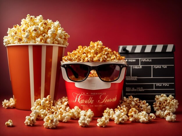 Friends and Flicks Kaas en karamel popcorn 3D-bril en een filmklapper op rode achtergrond