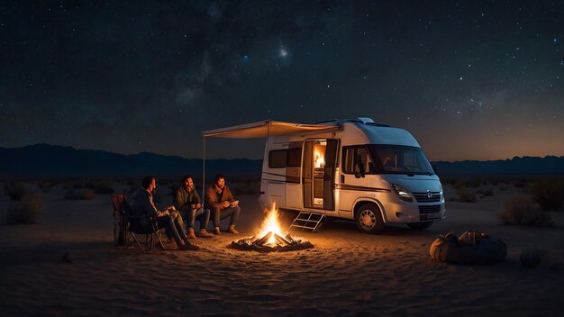 friends around a campfire in the middle of the desert with the lights on and the starry sky