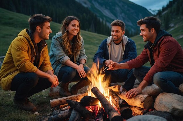 Friends around campfire in mountains