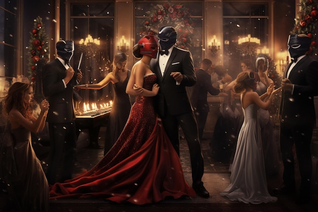 friends attended a masquerade ball dancing the night away in elegant attire